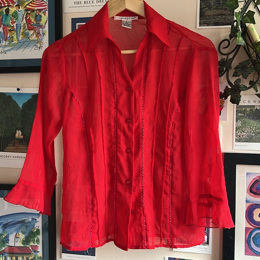 Moonlight Bay Boho Flowy Sheer Blouse Top Red Sz S Excellent
